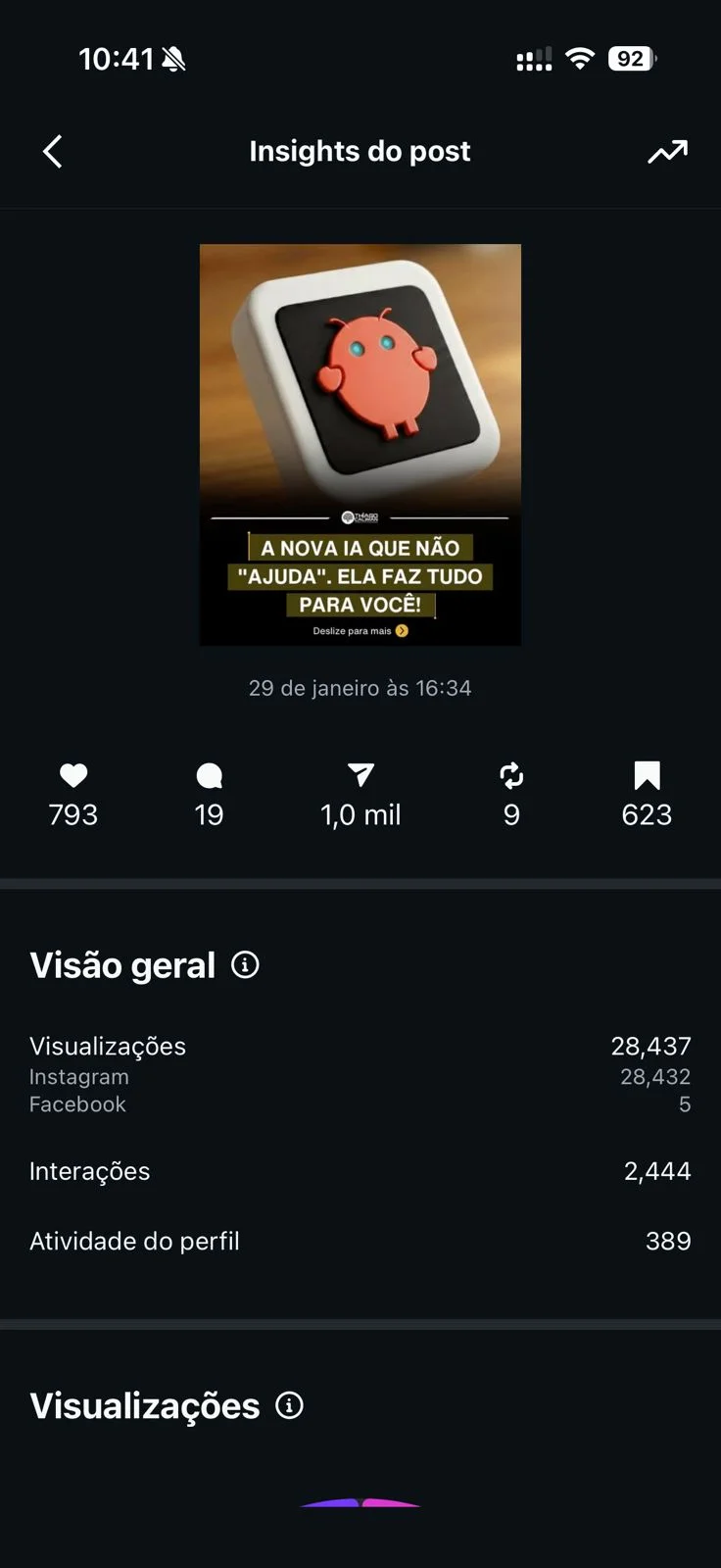 Outro print real de insights do Instagram gerados com a Fábrica